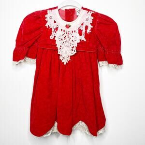 Vintage Color Me Nice Girls Size 6 Red Floral Velvet Puff Sleeve Dress
